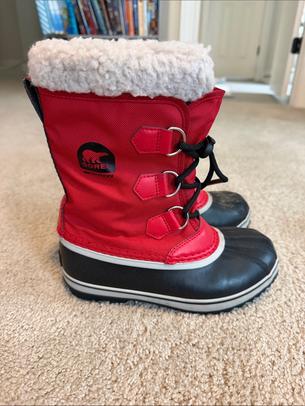 Sorel Kids Red and Black Winter Snow Boots with Faux Fur Cuff